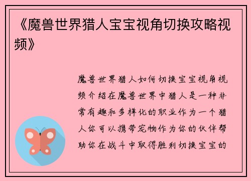《魔兽世界猎人宝宝视角切换攻略视频》